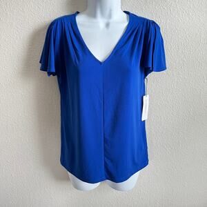 New Liz Claiborne Blue Split Sleeve Top Women's XS Stretchy Modest Dressy